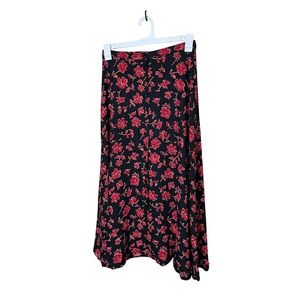 Vintage Rena Rowan for Saville Maxi Skirt Black Red Floral Button Front Womens M